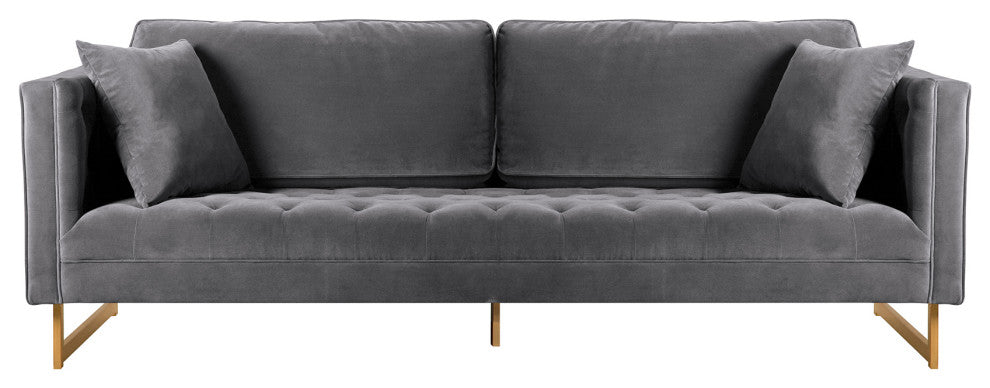 Lenox Velvet Sofa With Brass Legs, Gray