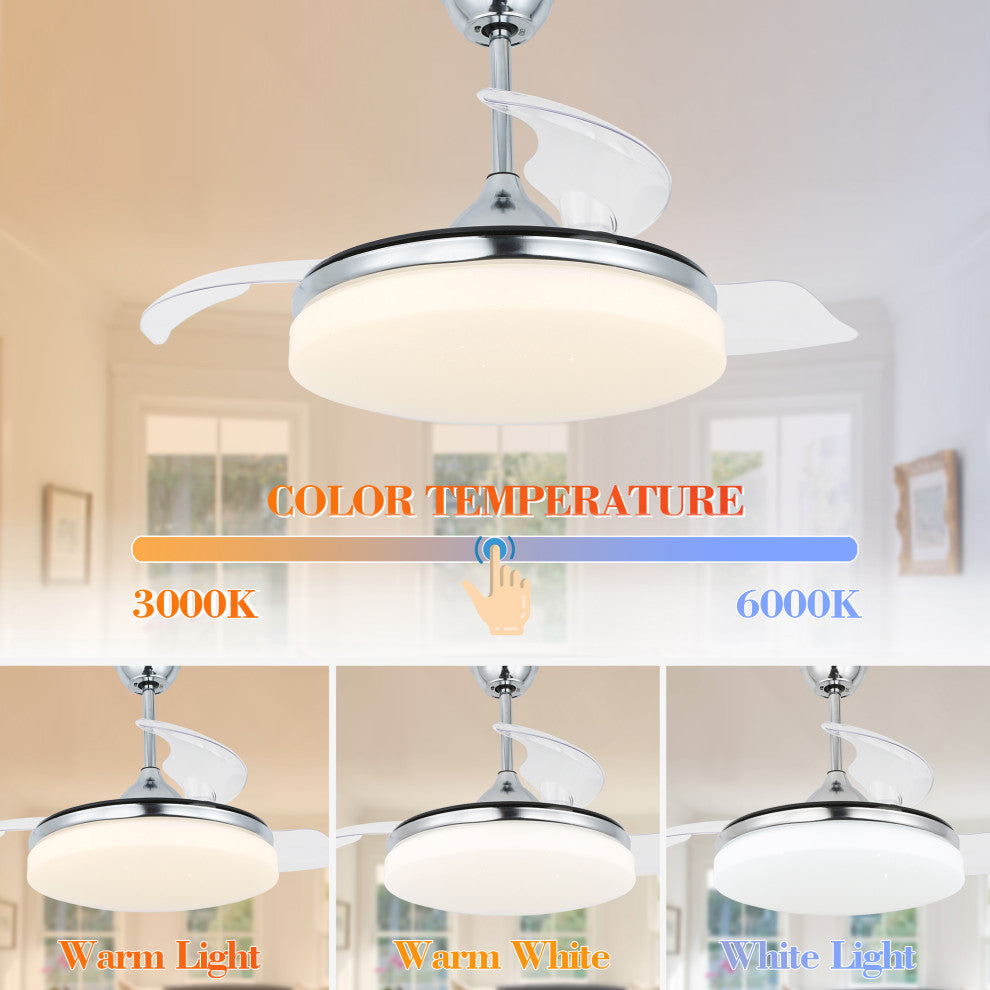 42" Reversible Ceiling Fan with Retractable Blade and Led Light 36W, Chrome, 42"