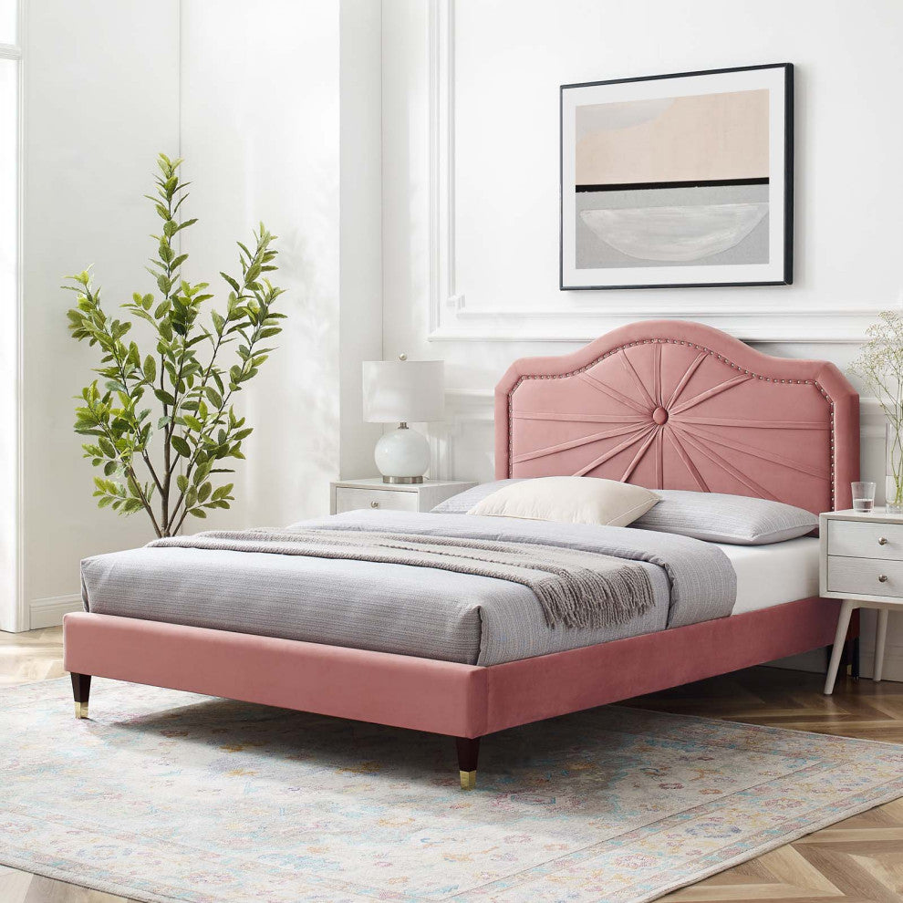 Platform Bed Frame, Full Size, Velvet, Pink, Modern Contemporary, Bedroom Master
