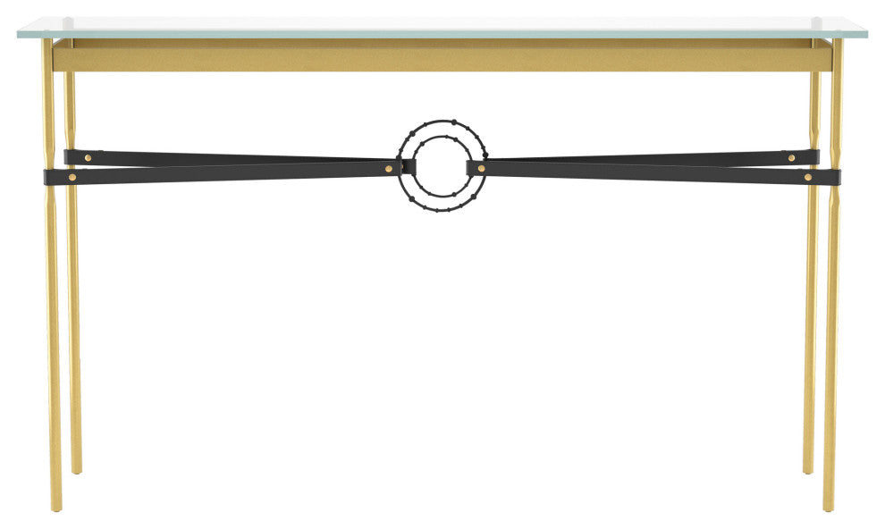 Equus Console Table, Modern Brass Finish - Black Accents - Black Leather Strap