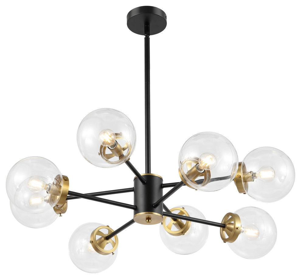Modern 8-Light Sputnik Chandelier With Glass Globe Shades, Black, Clear Glass