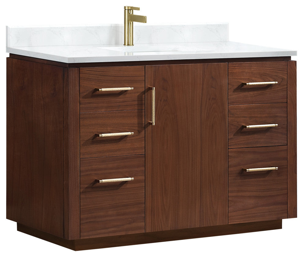 San Bath Vanity with Stone Top, Natural Walnut, 48", Single Vanity, No Mirror