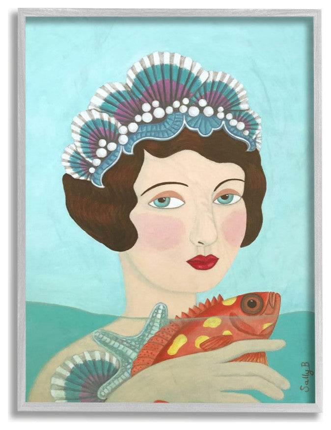 Woman And Fish Blue Animal Painting, 11"x14"