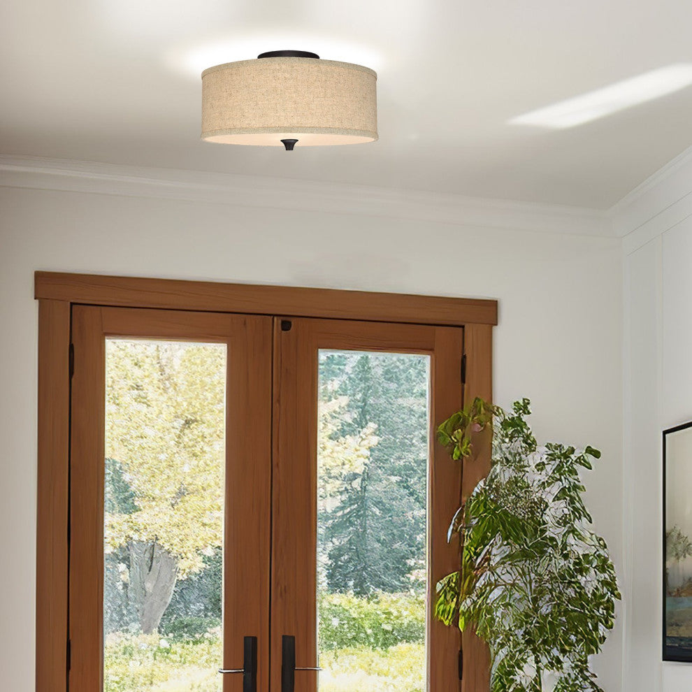 Kira Home Newport 14" Ceiling Light, Beige Linen Drum Shade, Oil-Rubbed Bronze