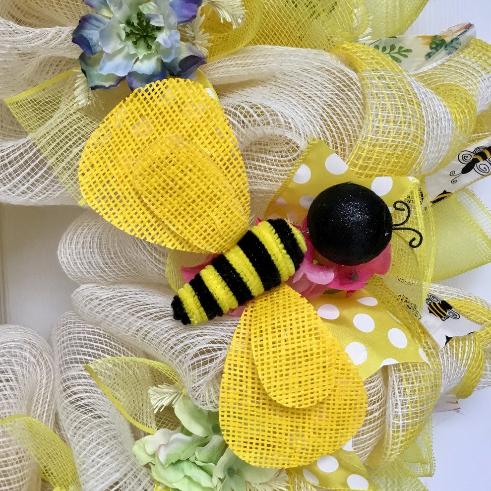 Bumble Bee Spring Floral Wreath Handmade Deco Mesh