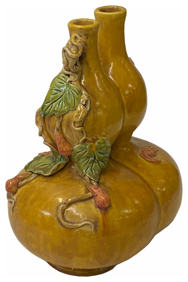 Handmade Chinese Ceramic Distressed Yellow Double Gourd Vase Hws1767