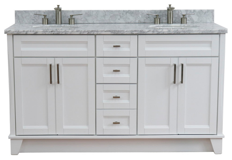 61" Double Sink Vanity, White Finish And White Carrara Marble And Oval Sink