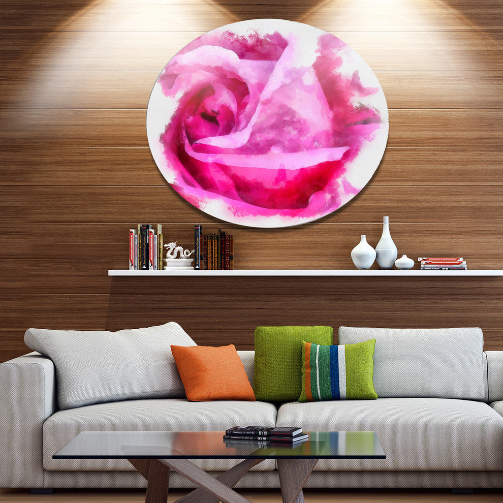 Bloomy Pink Rose Watercolor Drawing, Floral Disc Metal Wall Art, 11"