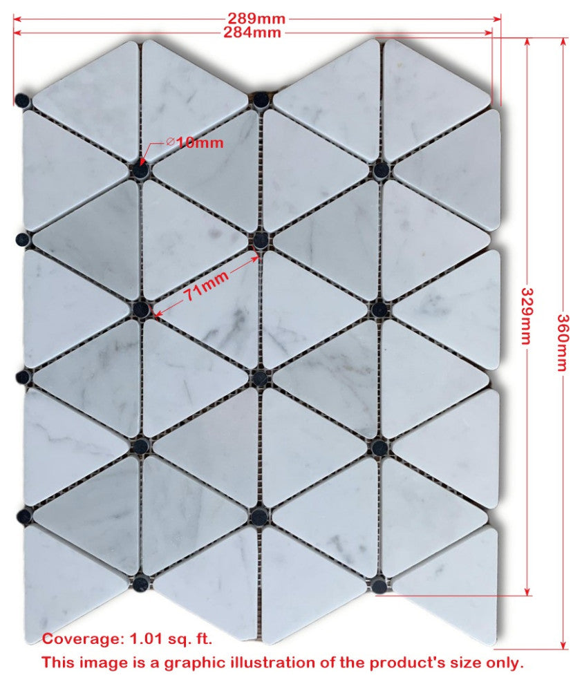 White Carrara Marble Triangle Mosaic Tile Emperador Dark Dots Polished, 1 sheet