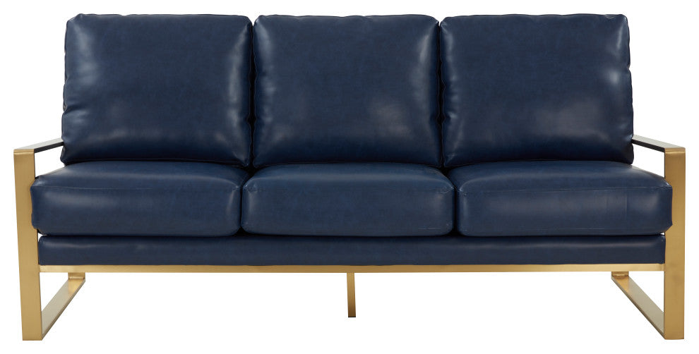 LeisureMod Jefferson Modern Design Faux Leather Sofa With Gold Frame, Navy Blue