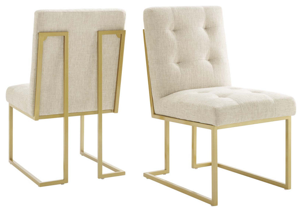 Side Dining Chair, Set of 2, Fabric, Metal, Gold Beige, Cafe Bistro Restaurant