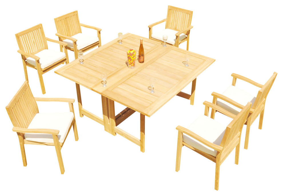 7-Piece Outdoor Teak Set: 60" Square Butterfly Table, 6 Leveb Stacking Arm Chair