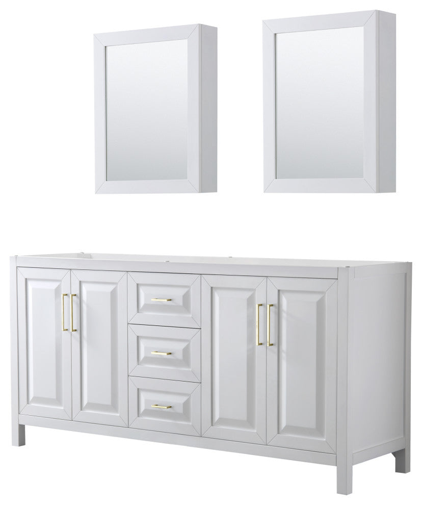 72" Double Bathroom Vanity, White, Medicine Cabinets, Gold Trim