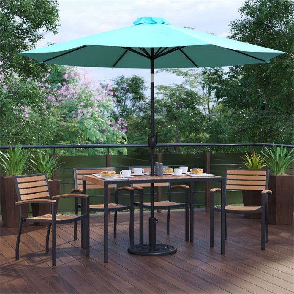 Lark 7 Pc Patio Dining Set-4 Stackable Chairs, 30"x48" Table & Umbrella w/Base,
