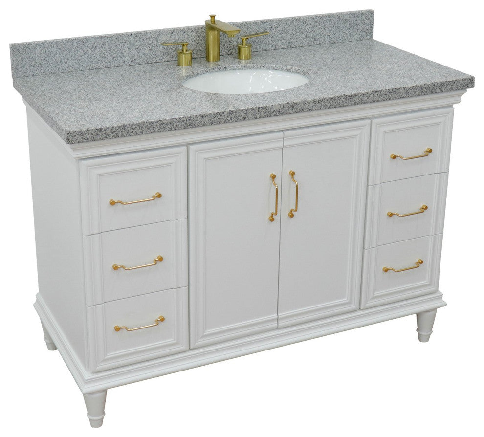 49" Single Sink Vanity, White Finish With Gray Granite and Oval Sink