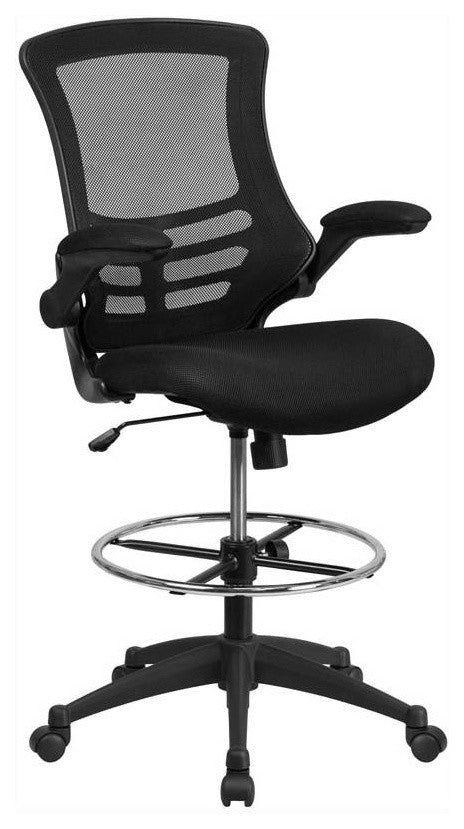 Mid-Back Black Mesh Drafting Chair with Adjustable Foot Ring and Flip-Up Arms
