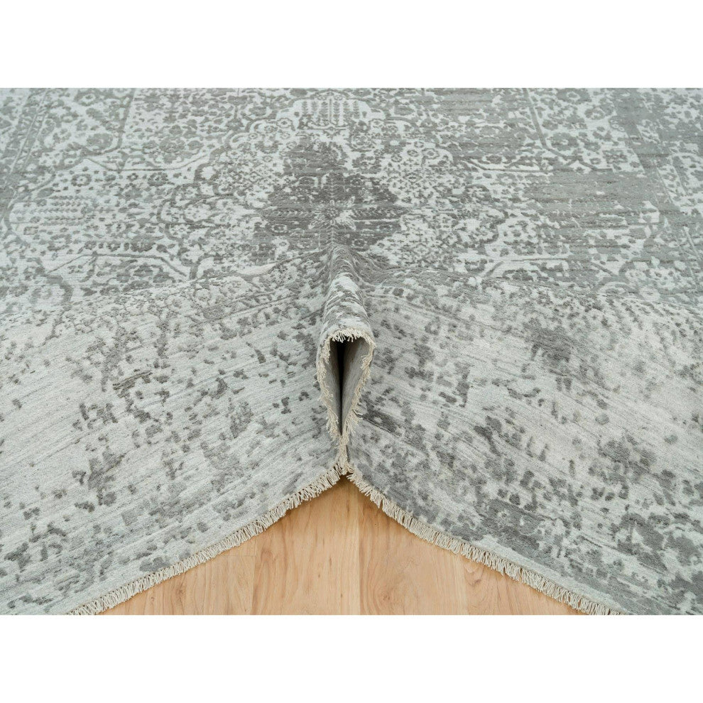 Goose Gray Zoroastrian Hand Knotted Wool and Silk Oriental Rug, 8'11"x12'1"