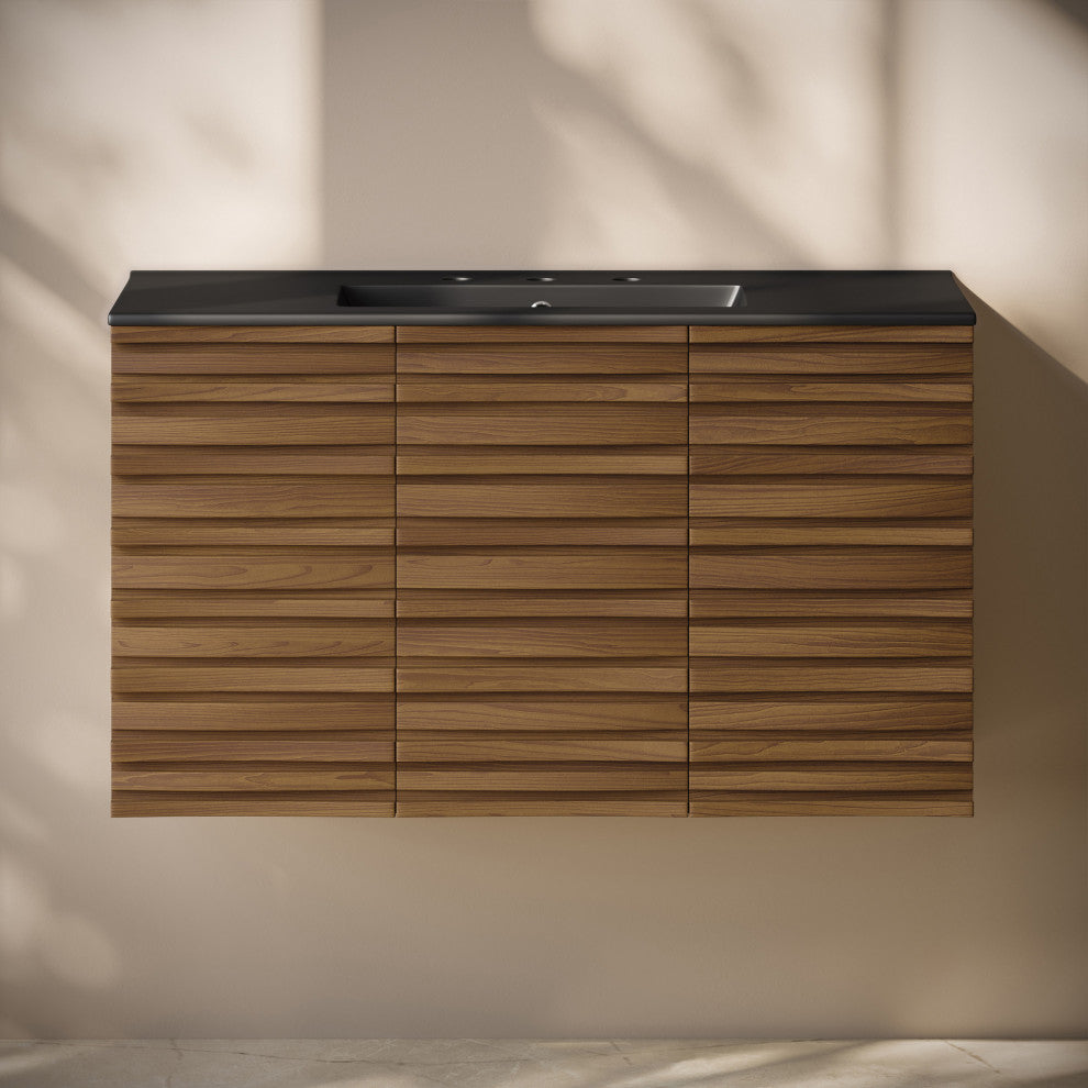 Cascade 36" Wall-Mounted Bath Vanity, Brown Oak, Black Widespread Sink Top