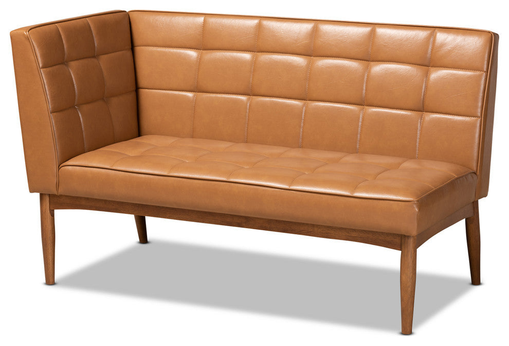 Devin Midcentury Modern 2-Piece Dining Banquette Seat, Tan Faux Leather