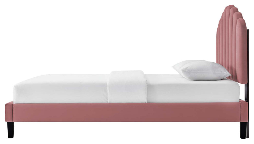 Platform Bed Frame, Queen Size, Pink, Velvet, Modern, Bedroom Guest Suite