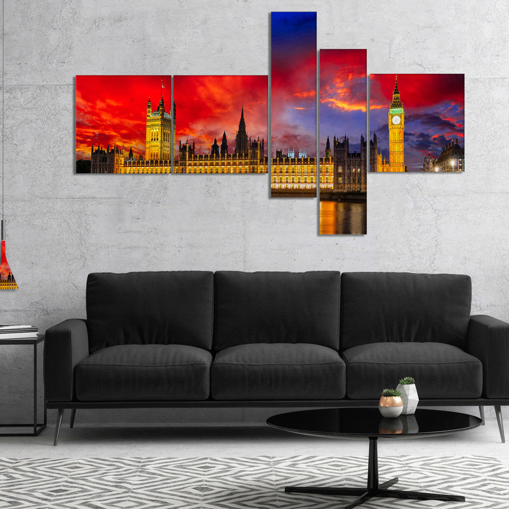 House of Parliament at River Thames, Cityscape Canvas Print, 60"x32", 5 panels
