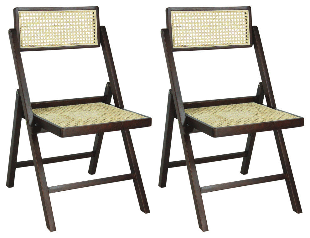 Vintage Wood Rattan Folding Chair With Adjustable Back, Dark Brown, Set of 2