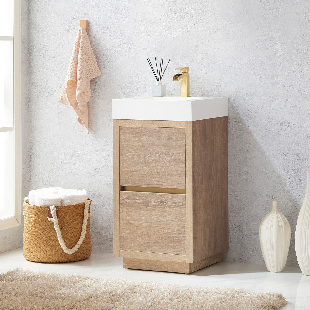 Huesca Bath Vanity, Integrated Sink Top, North American Oak, 18", Without Mirror