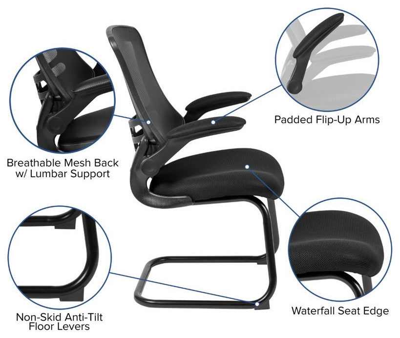 Black Mesh Sled Base Side Reception Chair with Flip-Up Arms