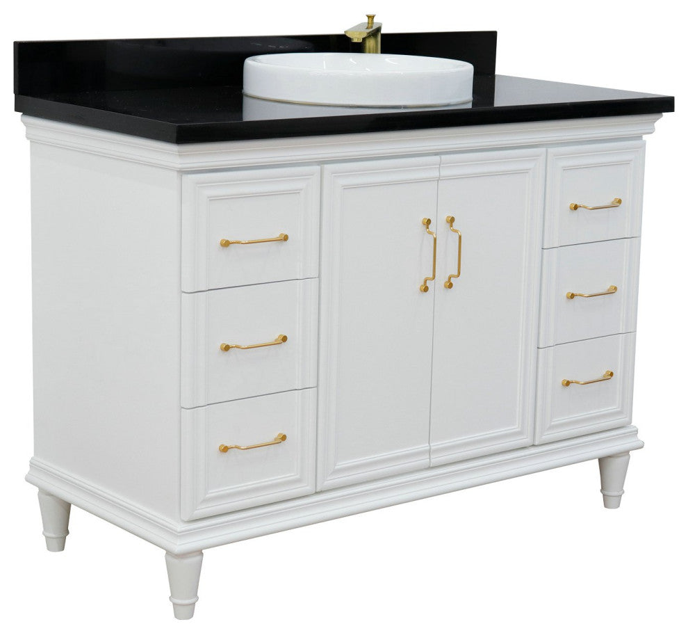 49" Single Sink Vanity, White Finish With Black Galaxy Granite and Round Sink