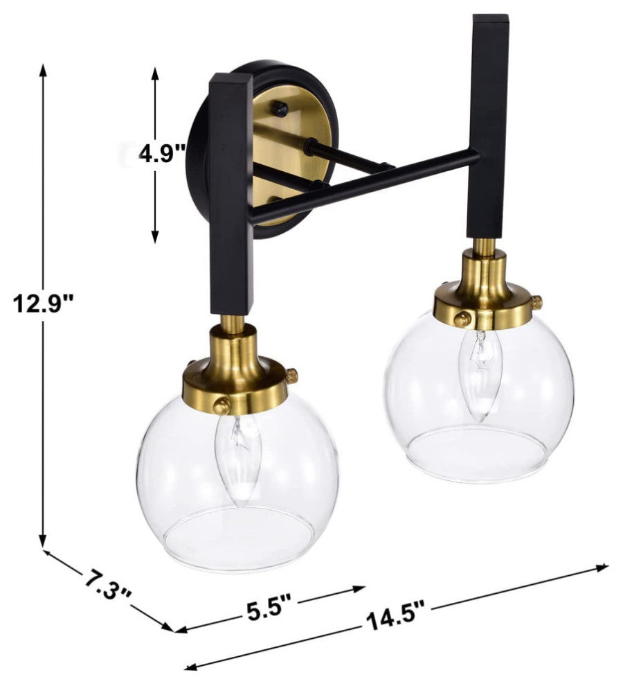 2 Light Black Wall Lights for Bedroom Industrial Wall Sconce Lighting GlassShade