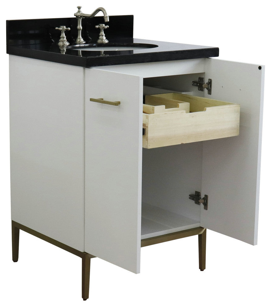 25" Single Sink Vanity, White Finish With Black Galaxy Granite And Oval Sink