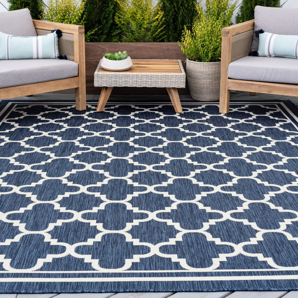 Shaila Transitional Geometric Navy Rectangle Indoor/Outdoor Area Rug, 9'x12'