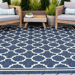 Shaila Transitional Geometric Navy Rectangle Indoor/Outdoor Area Rug, 9'x12'