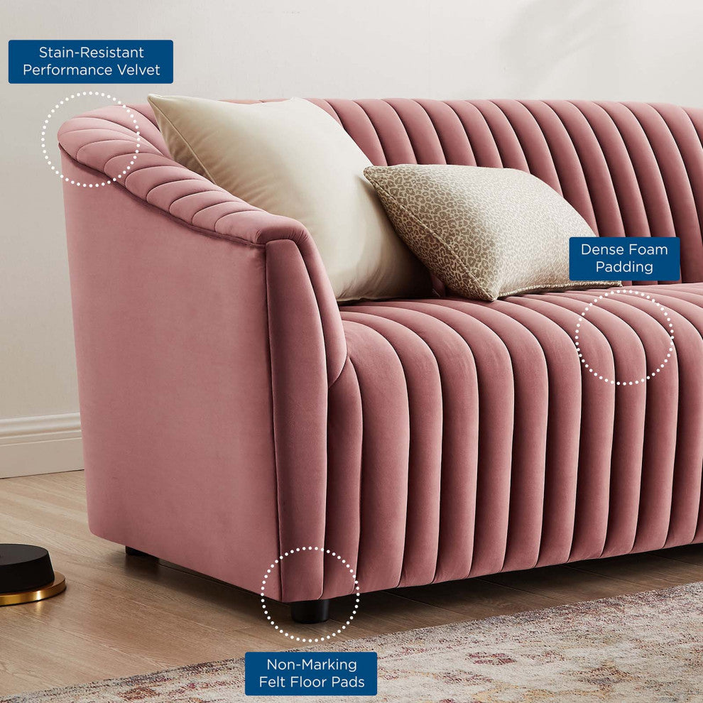 Tufted Loveseat Sofa, Pink, Velvet, Modern, Mid Century Hotel Lounge Cafe Lobby