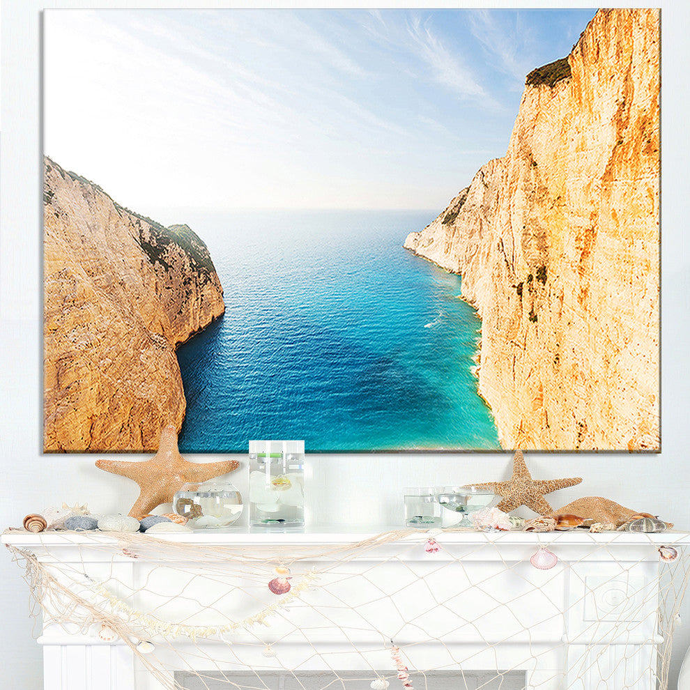 "Blue Sea in Between Big Rocks" Seashore Canvas Art, 32"x16"