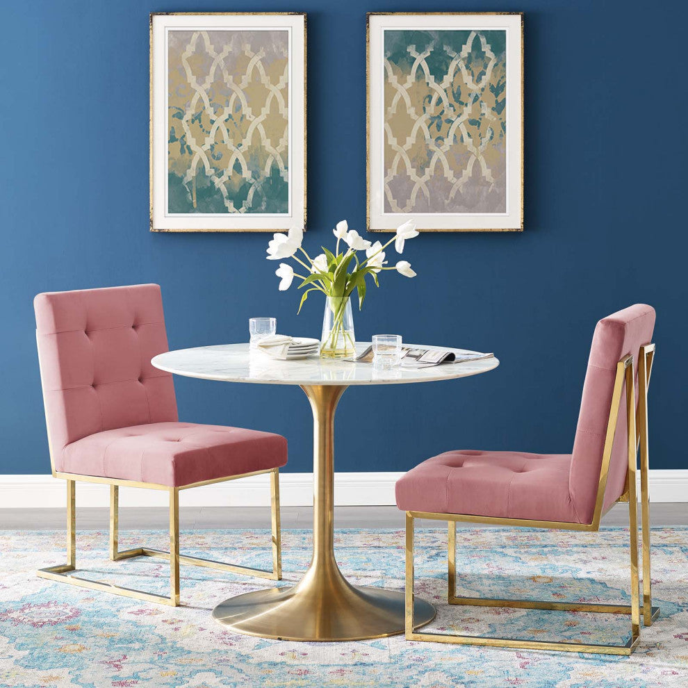 Side Dining Chair, Set of 2, Velvet, Metal, Gold Pink, Modern, Bistro Restaurant