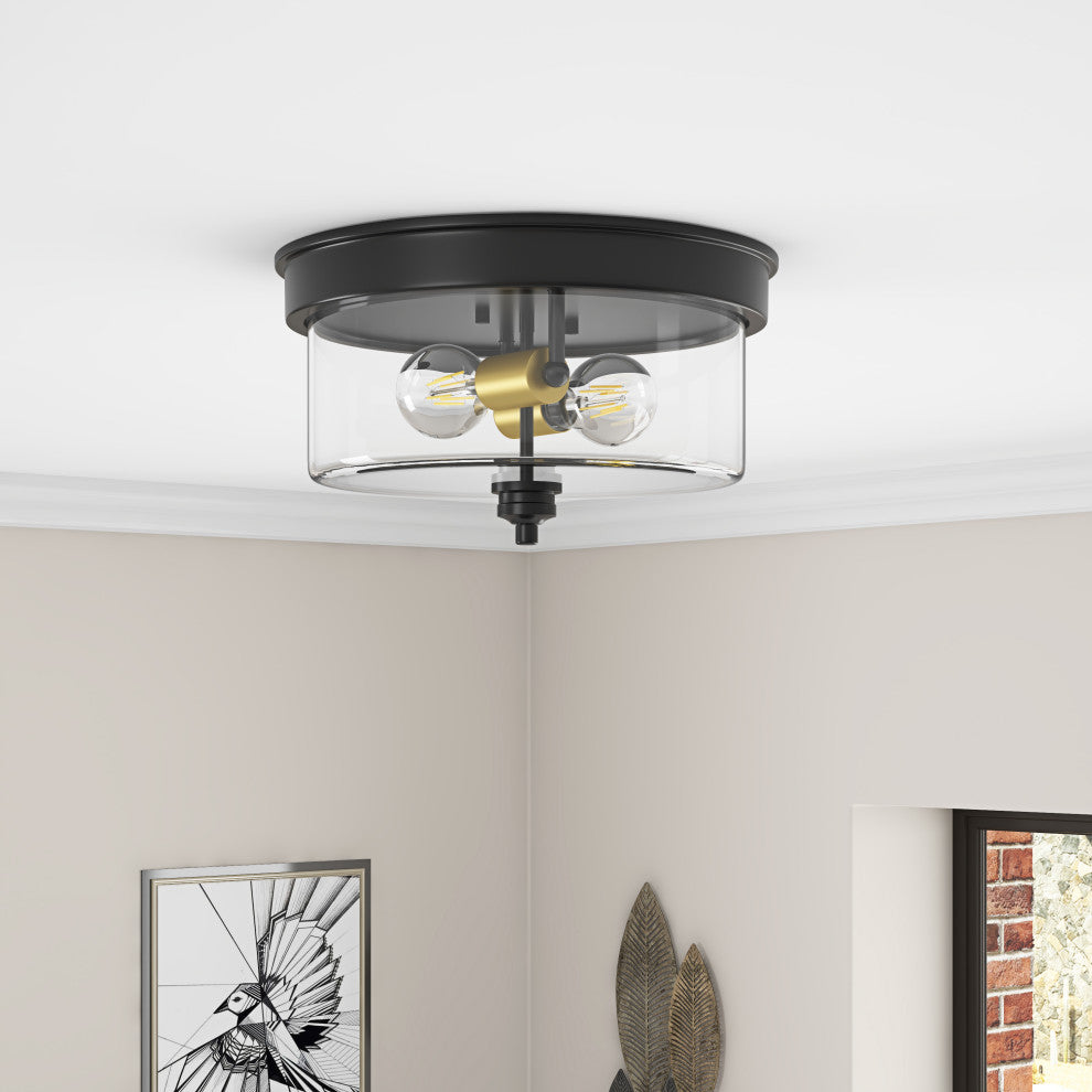 2-Light Farmhouse Close to Ceiling Lighting Fixture with Clear Glass Shade