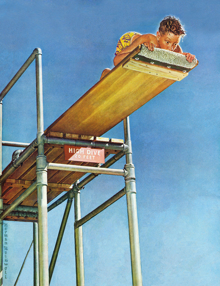 "Boy on High Dive" Painting Print on Canvas by Norman Rockwell