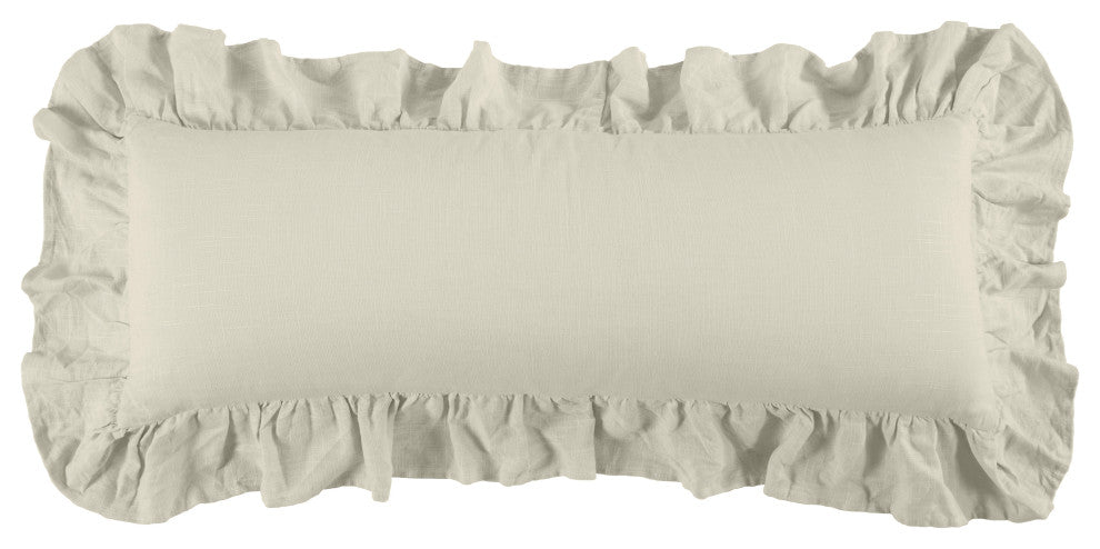 Washed Linen Ruffled Lumbar Pillow, 14" x 36", Light Tan, 1PC