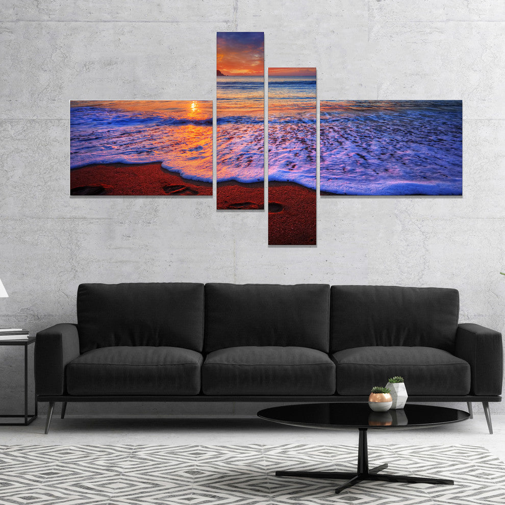 Colorful Sunset Over Beautiful Shore, Seashore Canvas Print, 60"x32", 4 panels