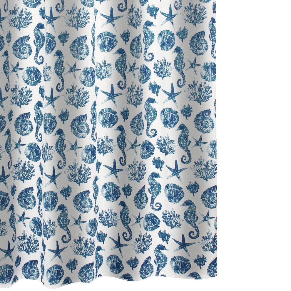 Benzara BM293486 Shower Curtain, Blue Seashells Print, Button Holes, Microfiber