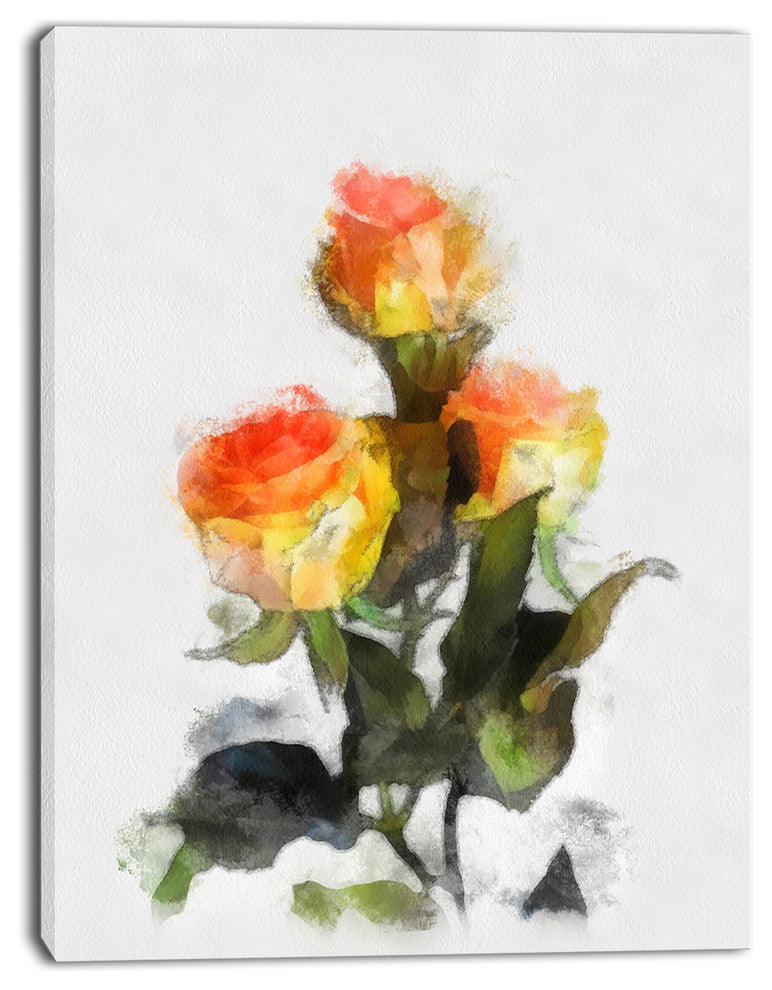 Hand drawn Yellow and Red Roses, Floral Canvas Art Print, 28"x60"