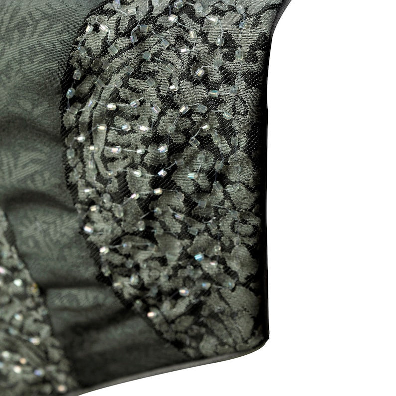 Decorative Table Runner Grey Jacquard Silk, Beaded Tassels - Celestial Paisley