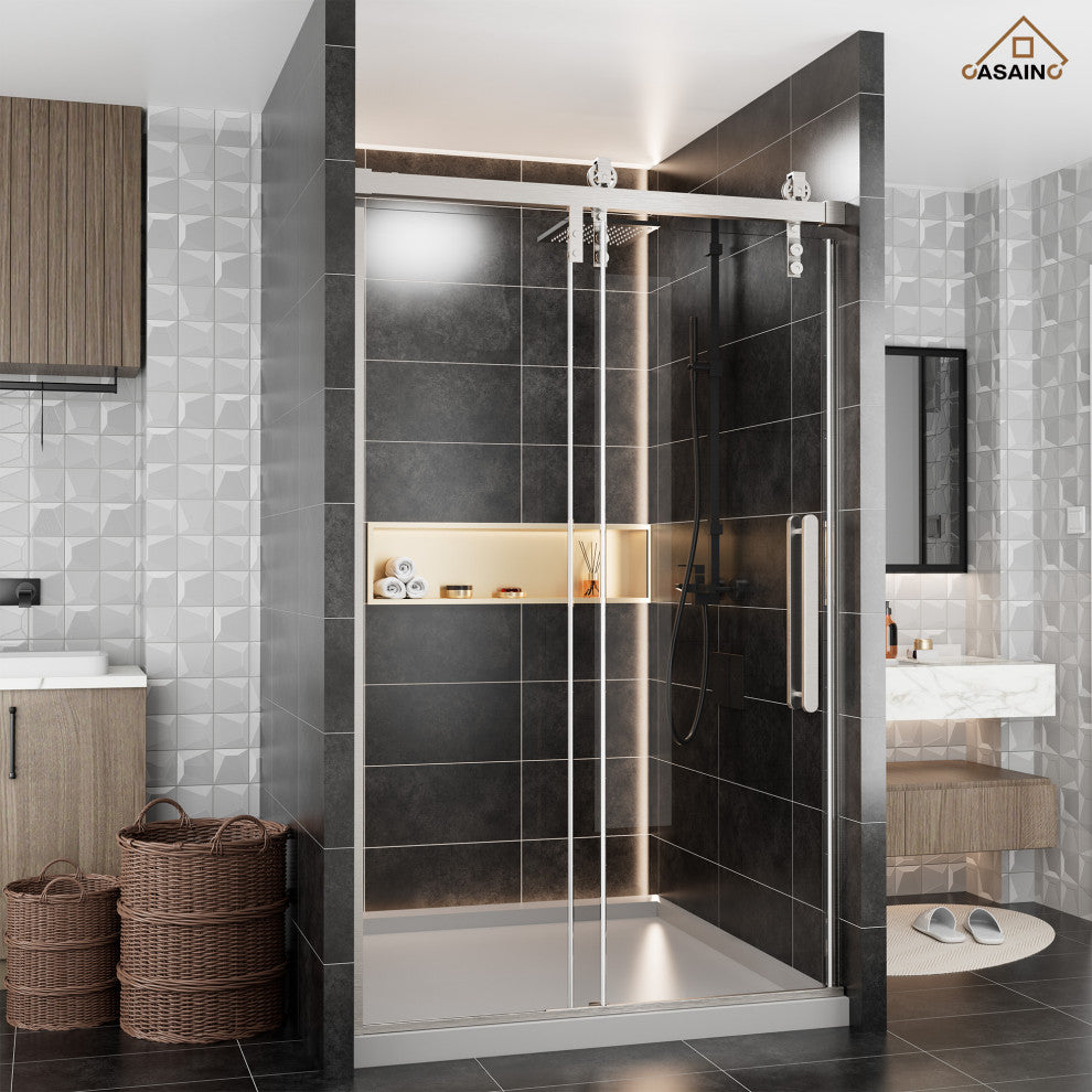 47-in to 48-in x 76-in Frameless Sliding Shower Door, Brushed Nickel