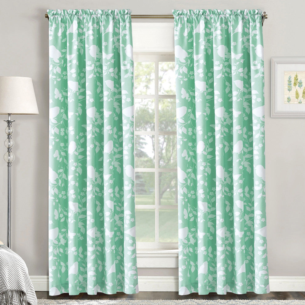 Printed Microfiber Birdsong Curtains, Set of 2, Teal