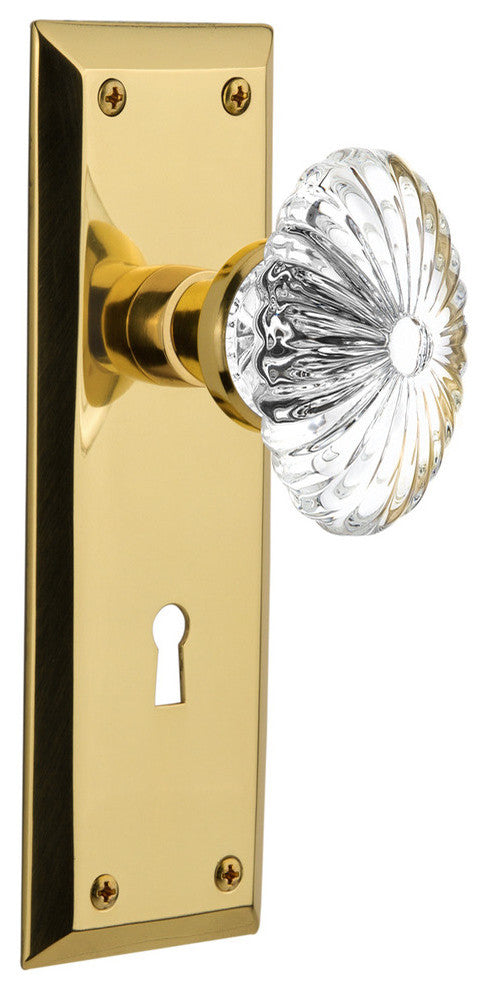 New York Plate With Oval Fluted Crystal Knob, Unlacquered Brass