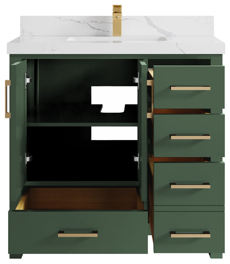 Malibu 36 Center Sink Bath Vanity in Lafayette Green 2" Calacatta Laza