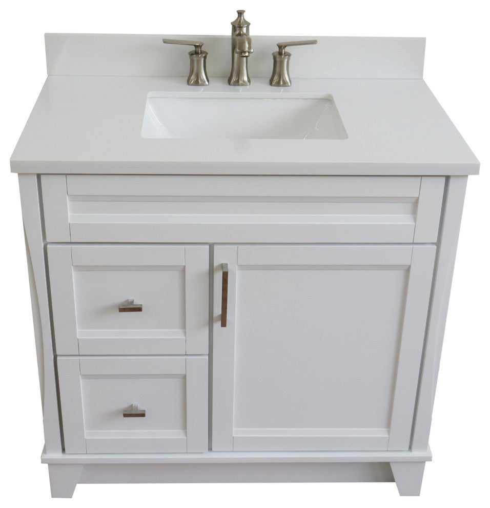 37" Single Sink Vanity, White Finish With White Engineered Stone Top