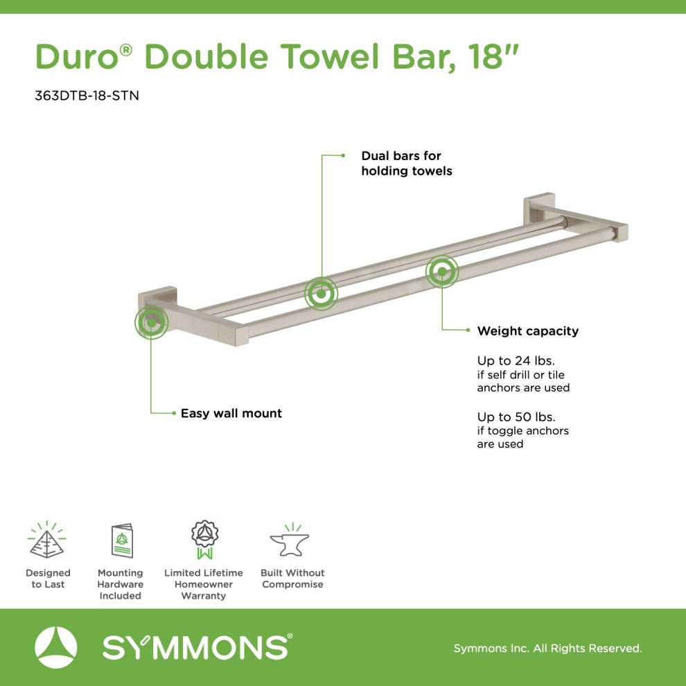 Duro 18 inch Double Towel Bar with Mounting Hardware, Satin Nickel