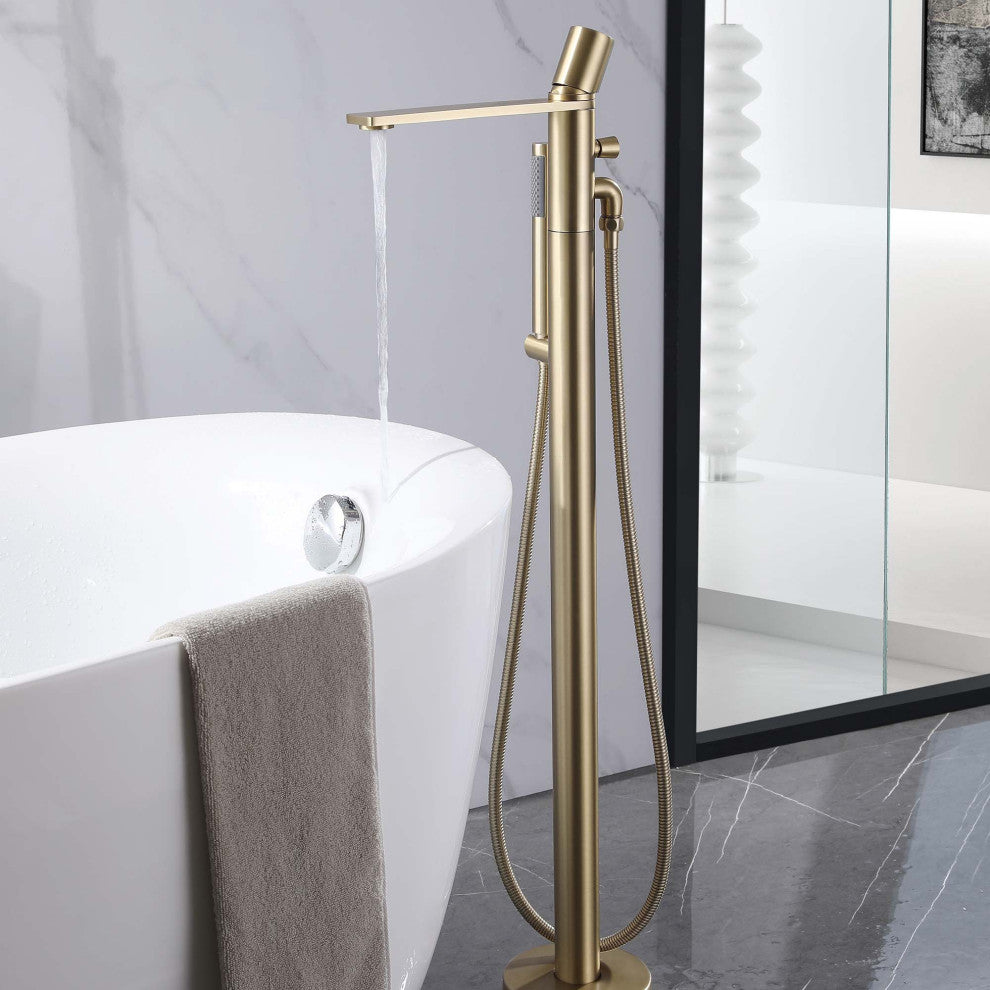 Floor Mounted Tub Spout With Handshower, Brushed Gold